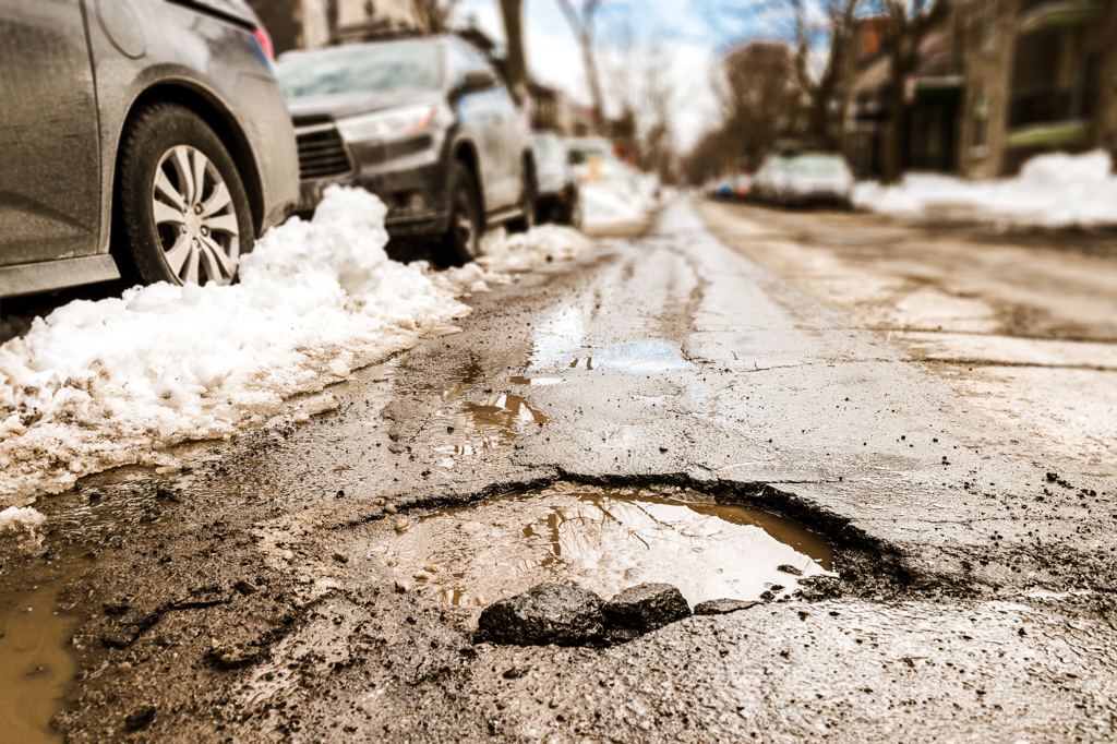 Pothole on a winter road